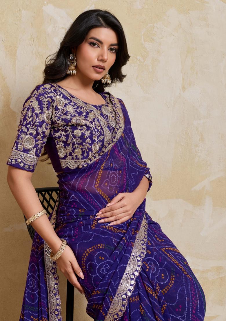 Blue Printed Georgette Saree Set - Indya