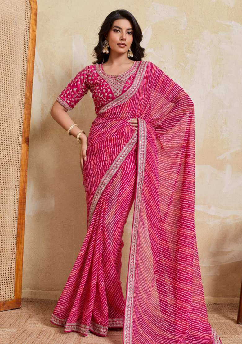 Pink Printed Georgette Saree Set for Diwali and Festive Wear - Indya