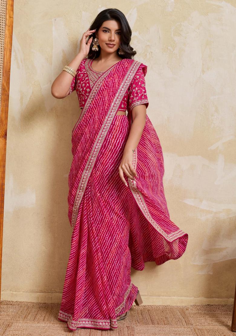 Pink Printed Georgette Saree Set - Indya