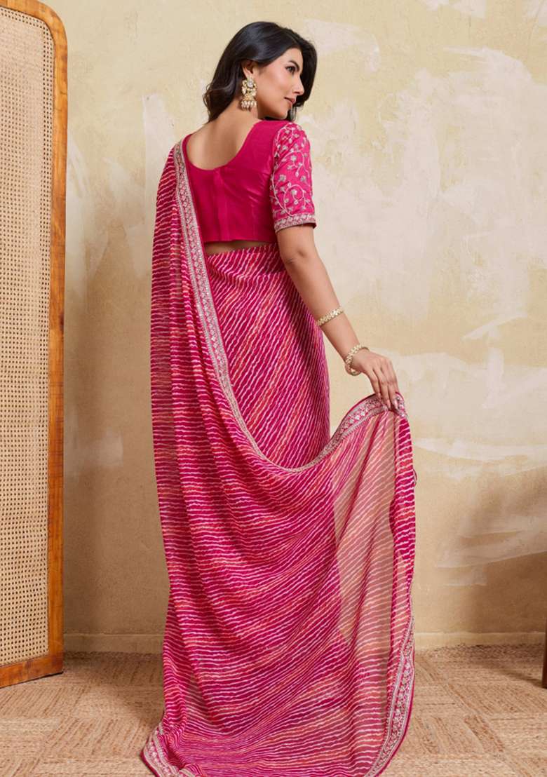 Pink Printed Georgette Saree Set for Diwali and Festive Wear - Indya