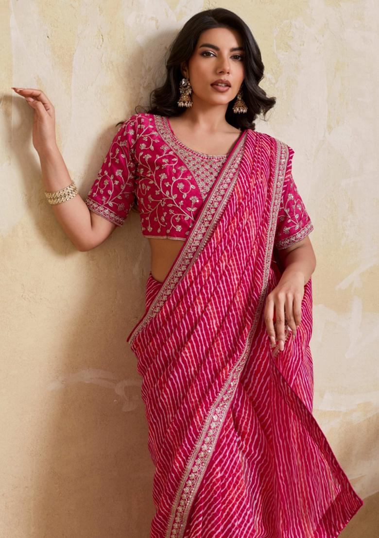 Pink Printed Georgette Saree Set - Indya