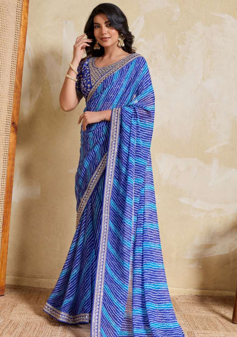 Blue Georgette Saree Set with Printed for Diwali | Wedding & Festive Wear - Indya