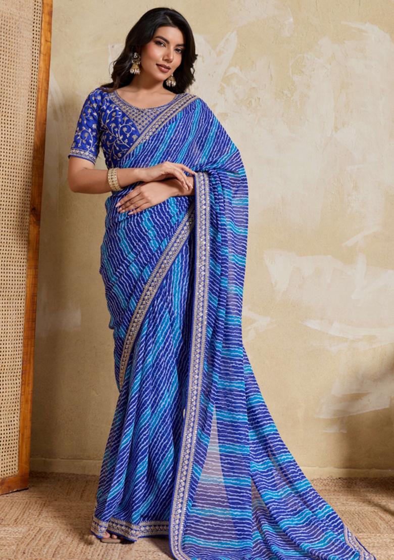 Blue Printed Georgette Saree Set - Indya