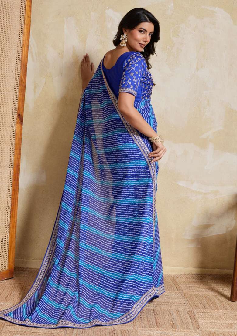 Blue Georgette Saree Set with Printed for Diwali | Wedding & Festive Wear - Indya