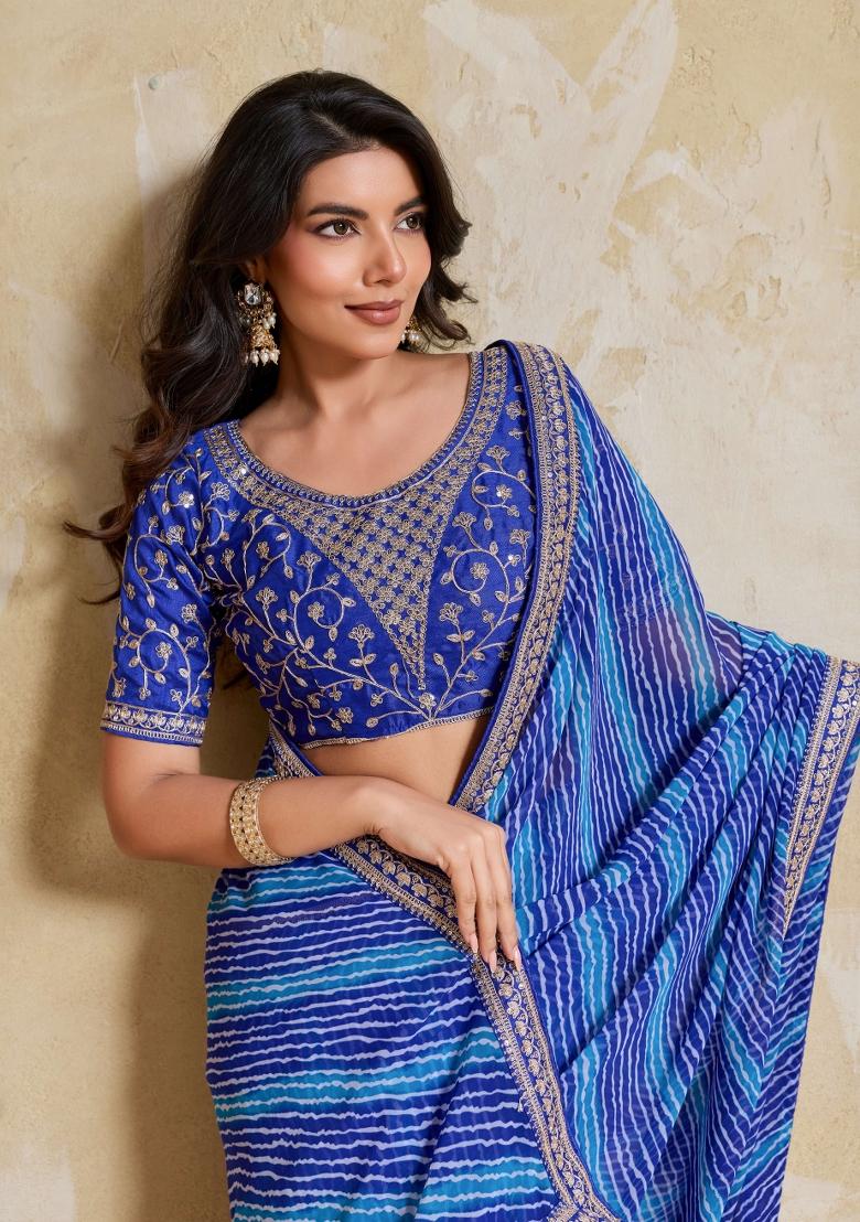Blue Printed Georgette Saree Set - Indya