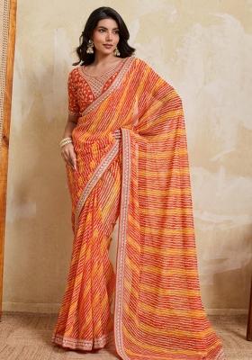 Orange Printed Georgette Saree Set
