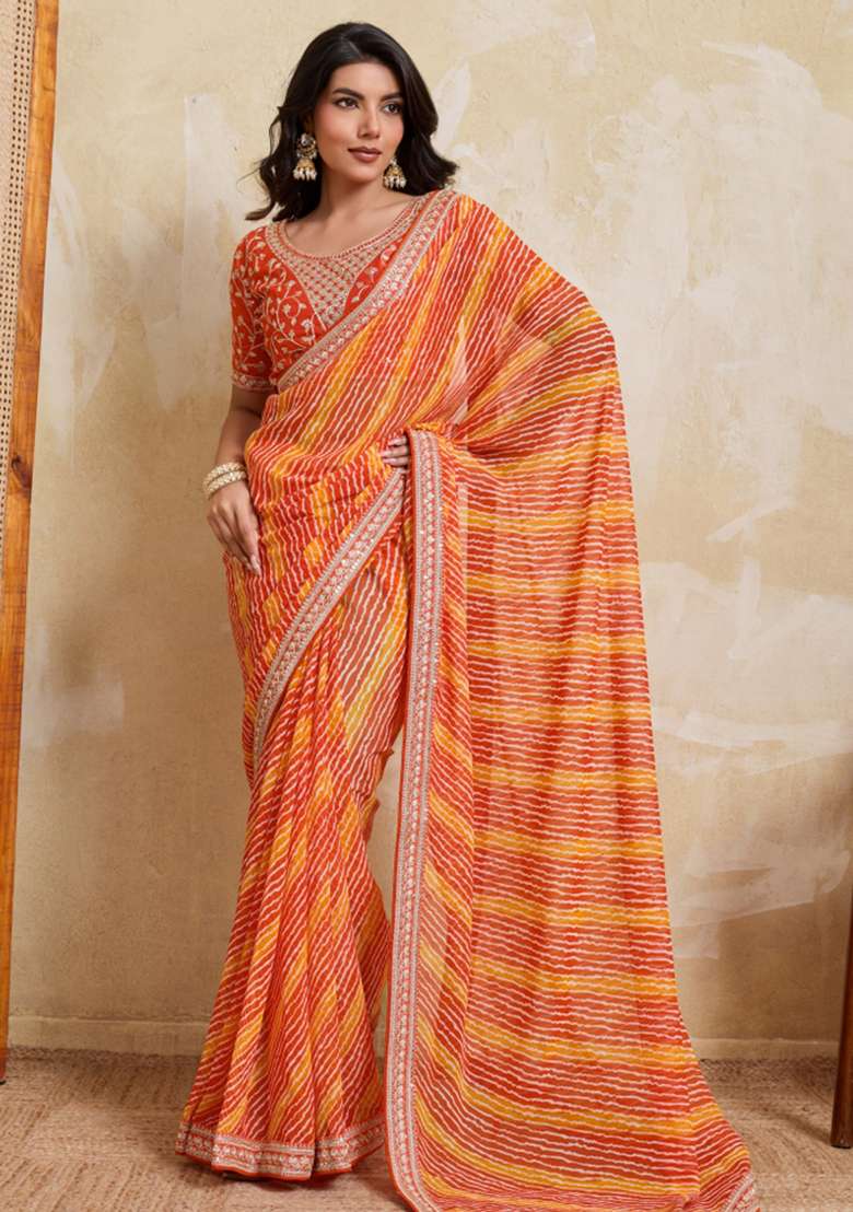Orange Georgette Saree Set with Printed for Diwali | Wedding & Festive Wear - Indya