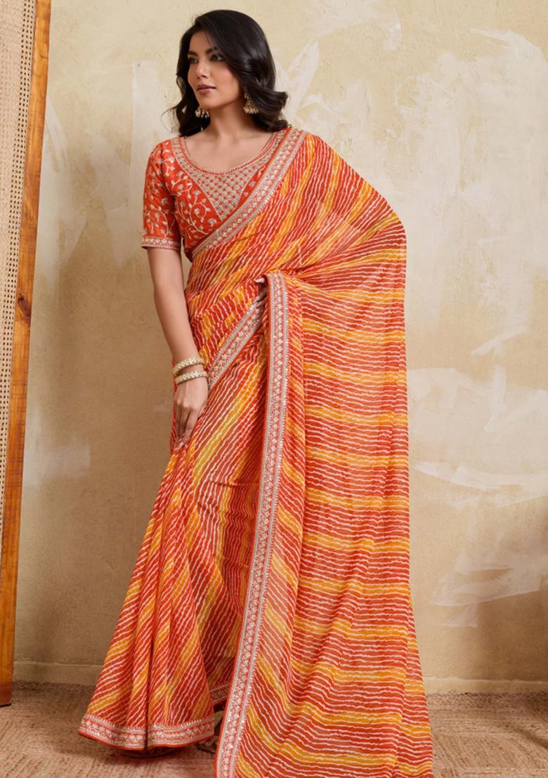 Orange Printed Georgette Saree Set - Indya