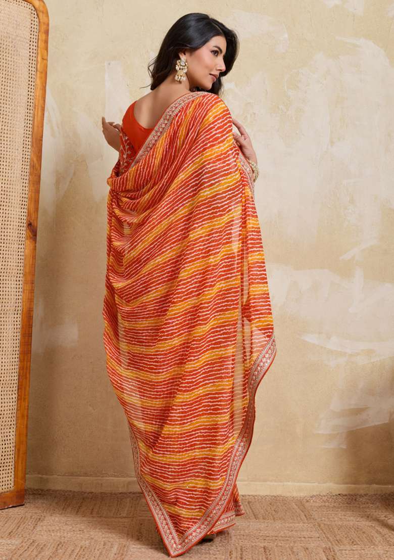 Orange Georgette Saree Set with Printed for Diwali | Wedding & Festive Wear - Indya