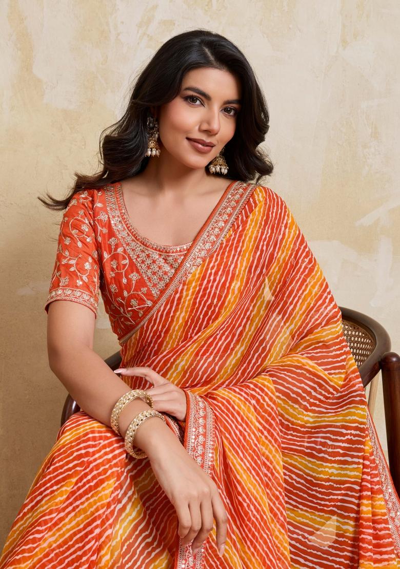 Orange Printed Georgette Saree Set - Indya