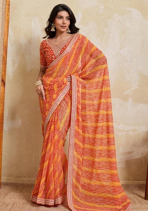 Orange Printed Georgette Saree Set