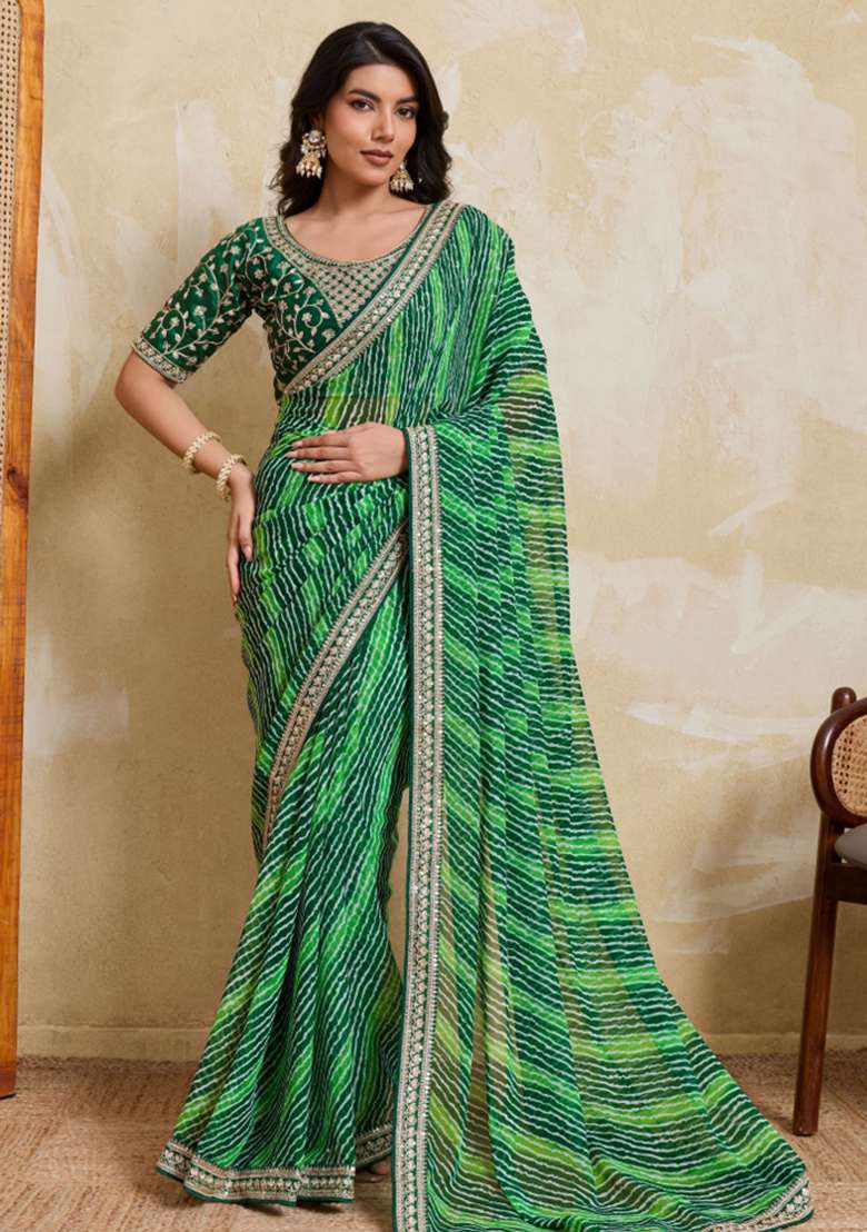 Green Georgette Saree Set with Printed for Diwali | Wedding & Festive Wear - Indya