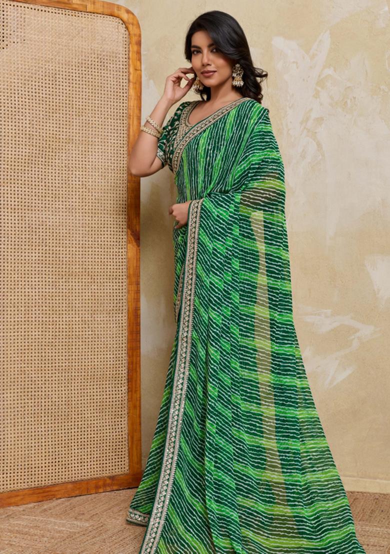 Green Printed Georgette Saree Set - Indya