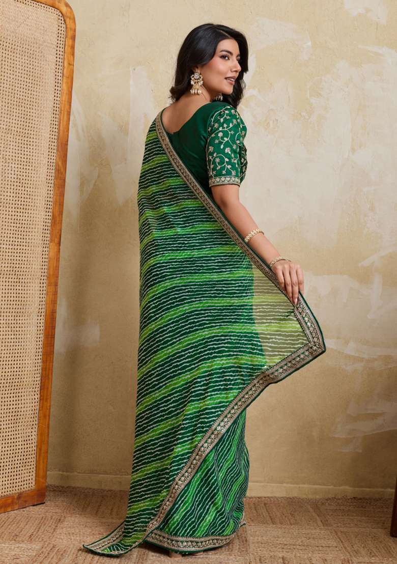 Green Georgette Saree Set with Printed for Diwali | Wedding & Festive Wear - Indya