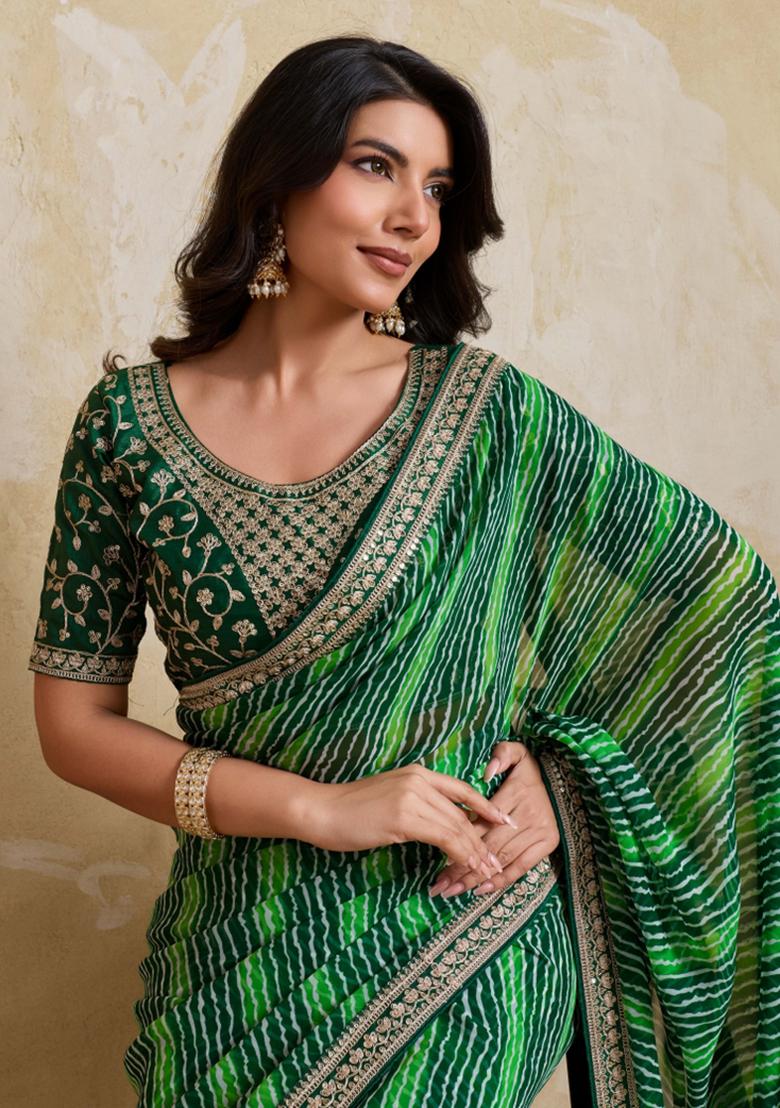 Green Printed Georgette Saree Set - Indya