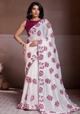 Off-White Embroidered Chiffon Saree Set