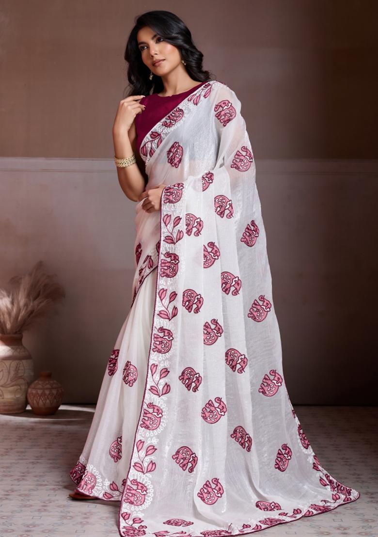 Off-White Embroidered Chiffon Saree Set - Indya