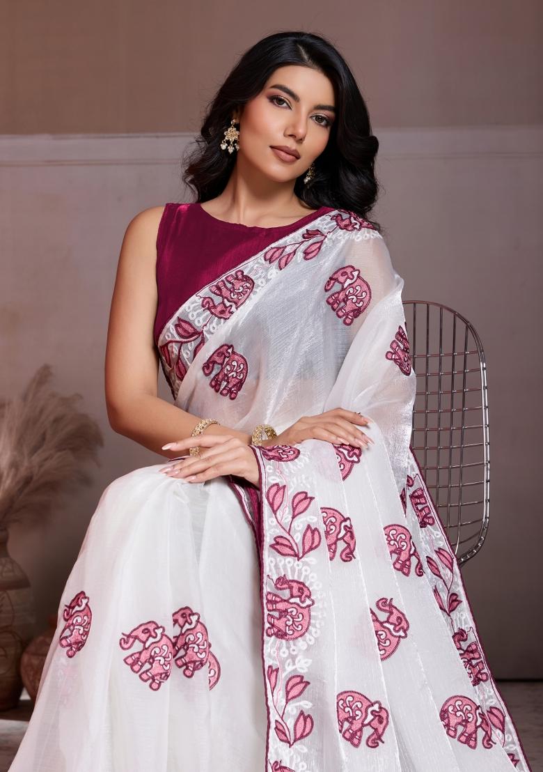 Off-White Embroidered Chiffon Saree Set - Indya
