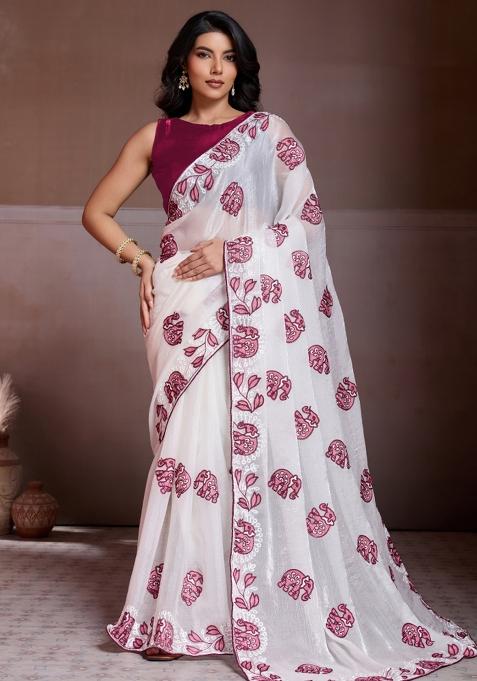 Off-White Embroidered Chiffon Saree Set