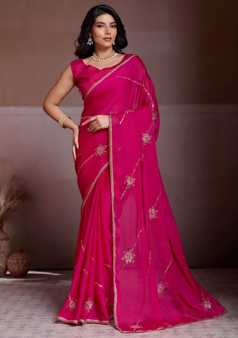 Pink Silk Blend Saree Set with Embroidered for Diwali | Wedding & Festive Wear - Indya