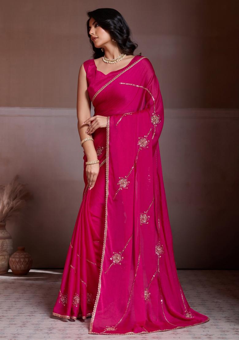 Pink Embroidered Silk Saree Set - Indya