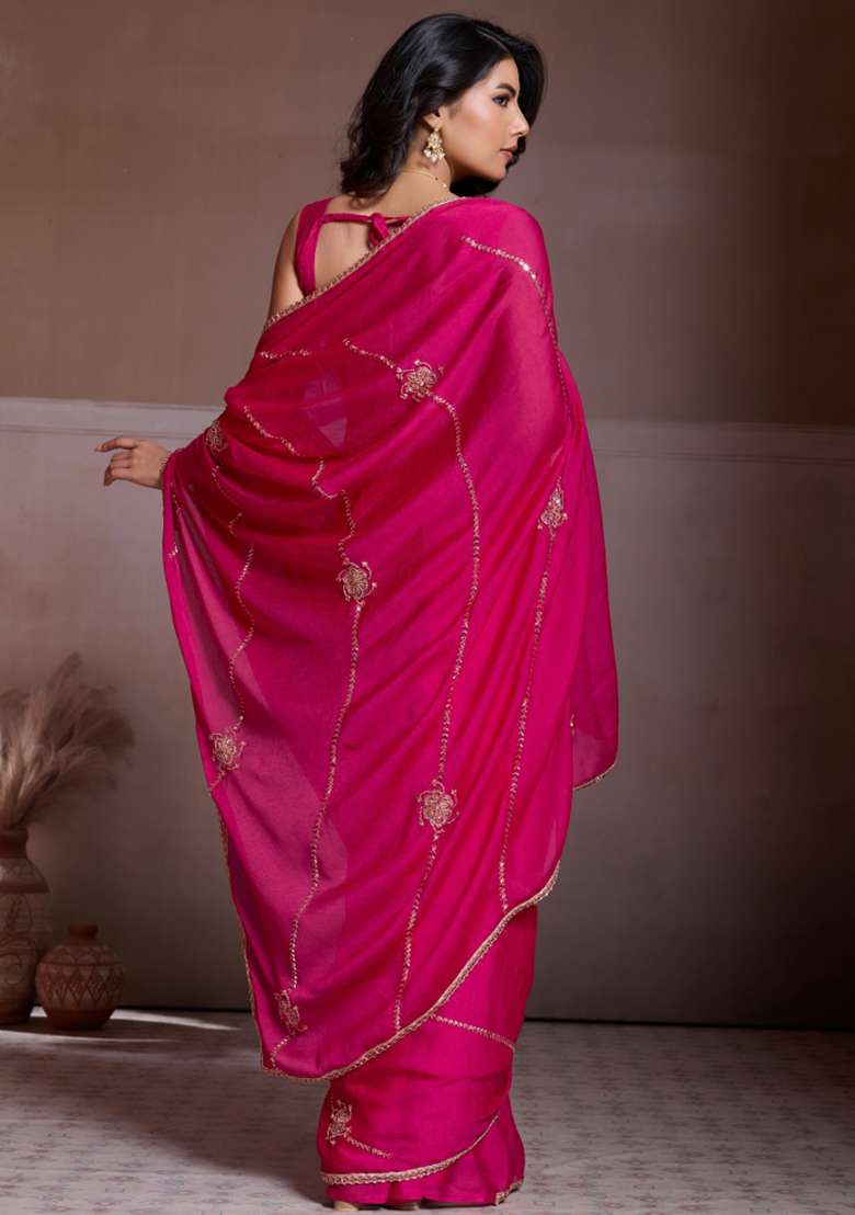 Pink Silk Blend Saree Set with Embroidered for Diwali | Wedding & Festive Wear - Indya