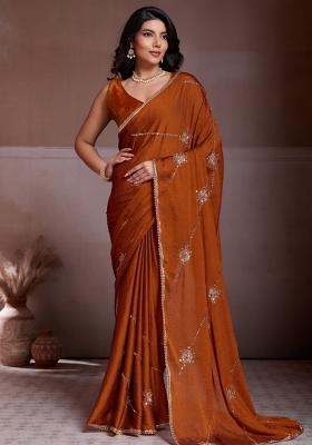 Rust Orange Embroidered Silk Saree Set