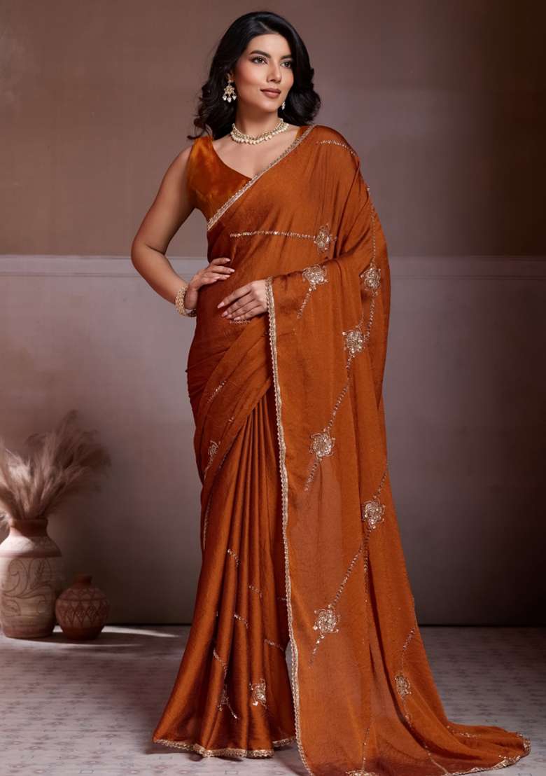Rust Orange Embroidered Silk Blend Saree Set for Diwali and Festive Wear - Indya