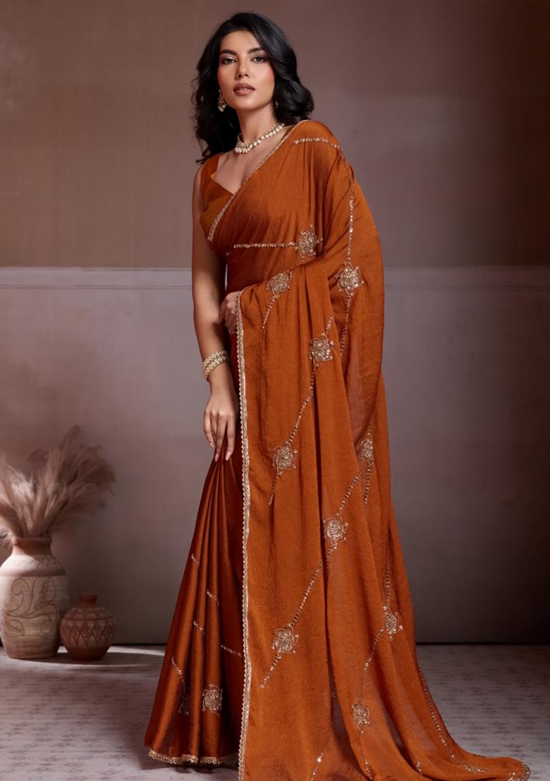 Rust Orange Embroidered Silk Saree Set - Indya