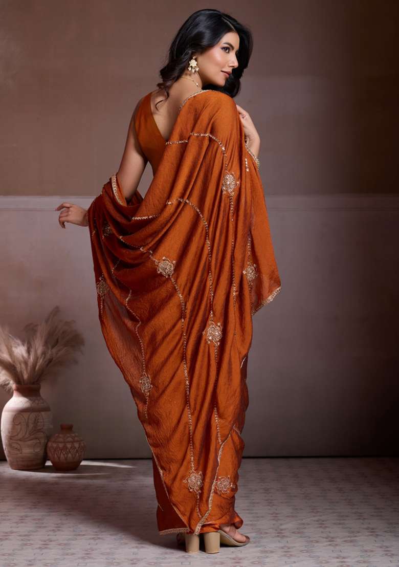 Rust Orange Embroidered Silk Blend Saree Set for Diwali and Festive Wear - Indya