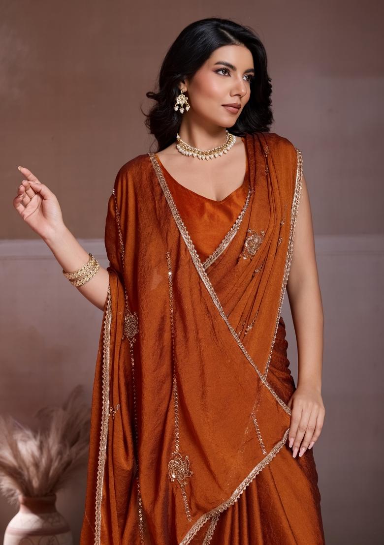 Rust Orange Embroidered Silk Saree Set - Indya