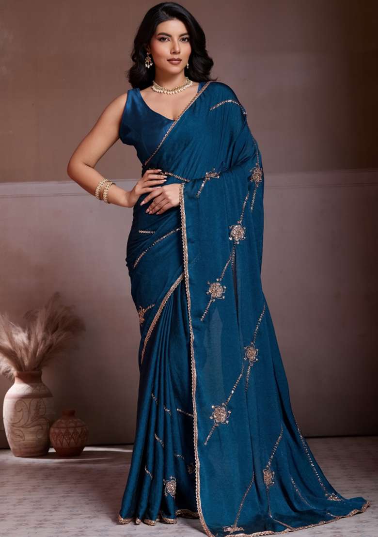 Teal Blue Embroidered Silk Blend Saree Set for Diwali and Festive Wear - Indya