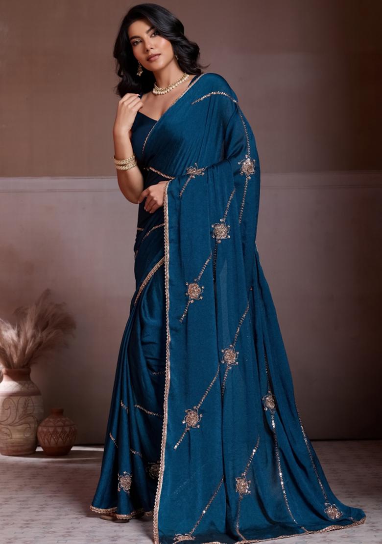 Teal Blue Embroidered Silk Saree Set - Indya