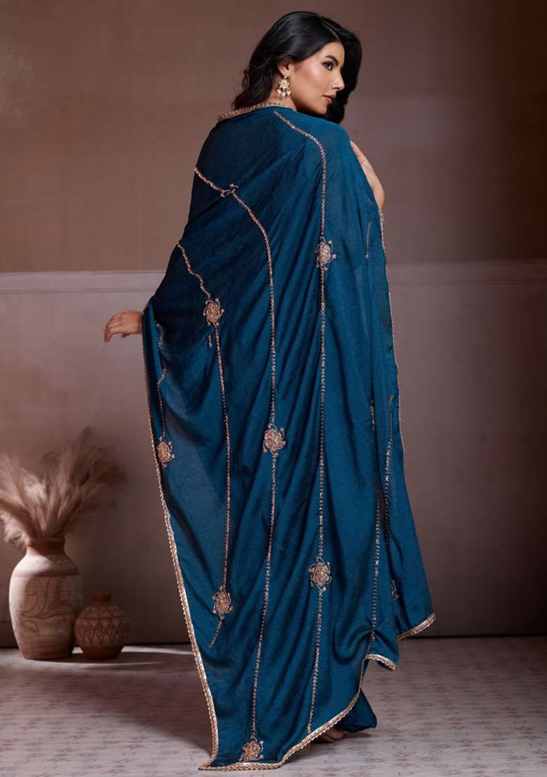Teal Blue Embroidered Silk Blend Saree Set for Diwali and Festive Wear - Indya