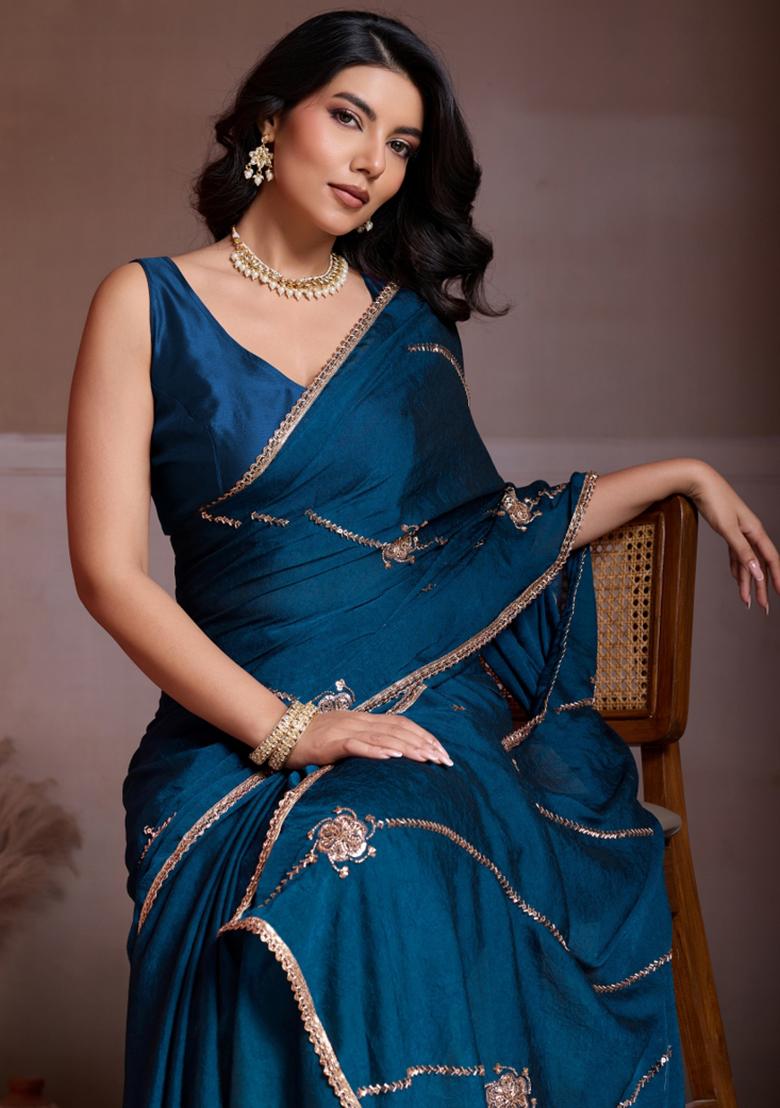 Teal Blue Embroidered Silk Saree Set - Indya