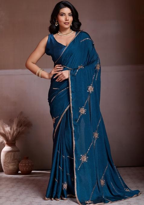 Teal Blue Embroidered Silk Saree Set