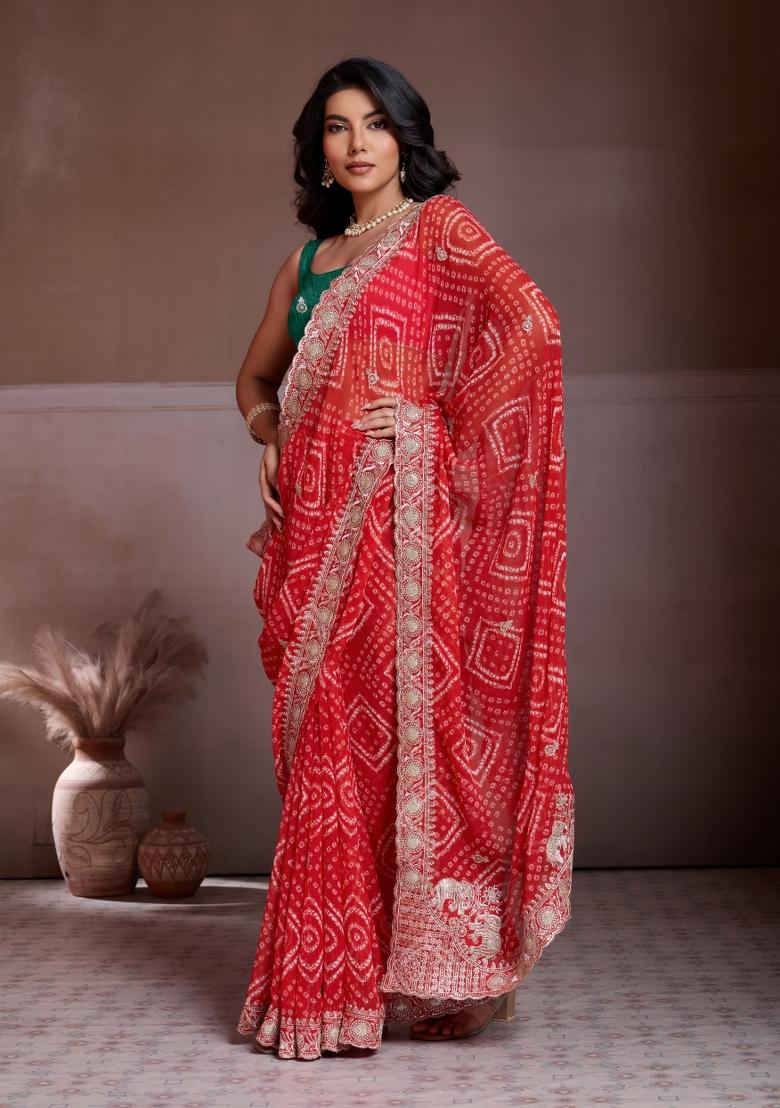 Red Printed Georgette Saree Set - Indya