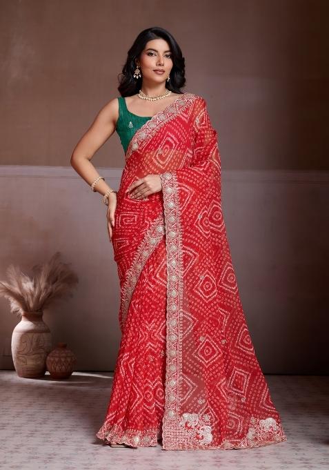 Red Printed Georgette Saree Set
