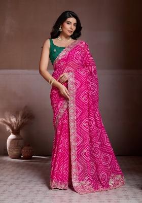 Pink Printed Georgette Saree Set