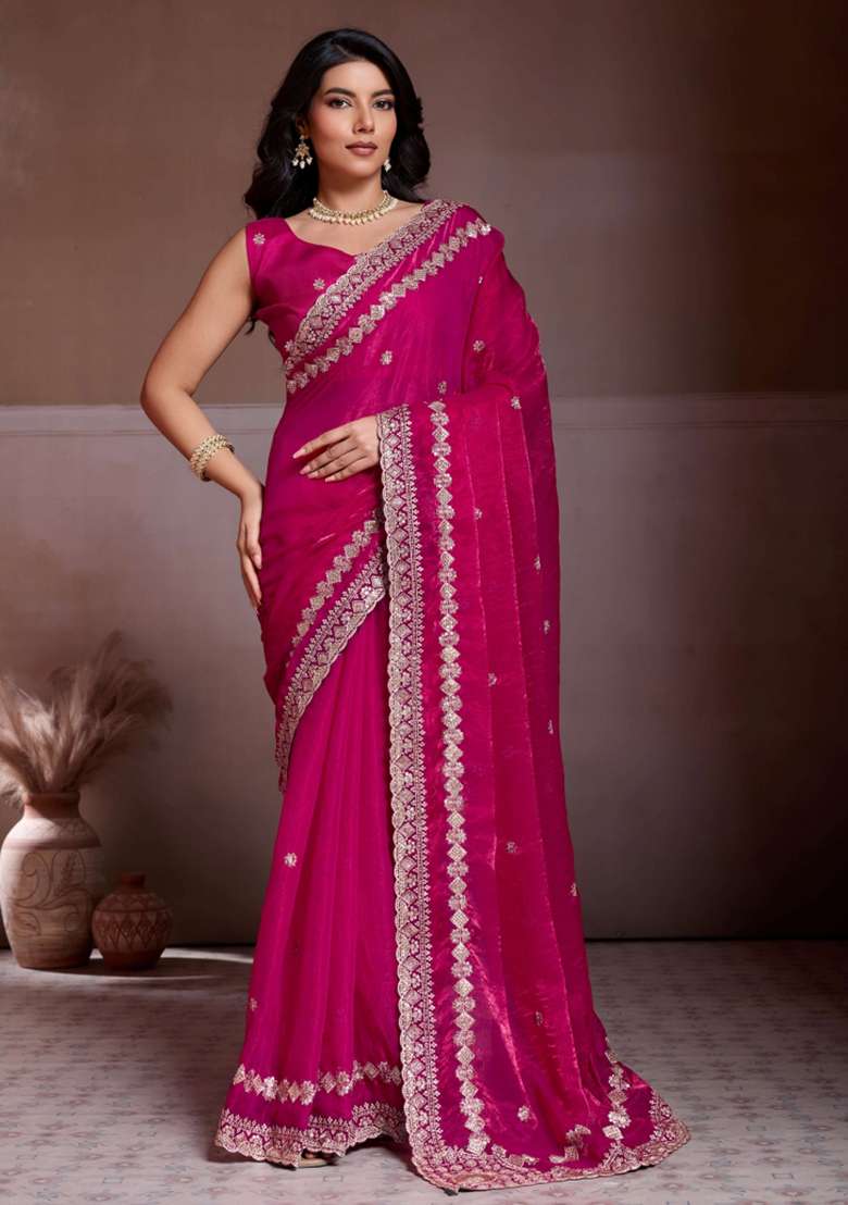 Pink Chiffon Saree Set with Embroidered for Diwali | Wedding & Festive Wear - Indya