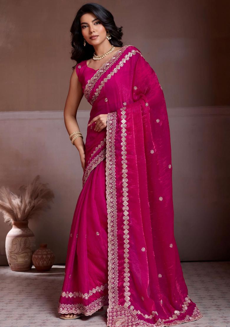 Pink Embroidered Chiffon Saree Set - Indya