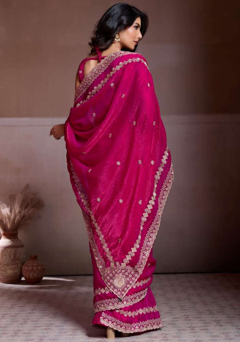 Pink Chiffon Saree Set with Embroidered for Diwali | Wedding & Festive Wear - Indya