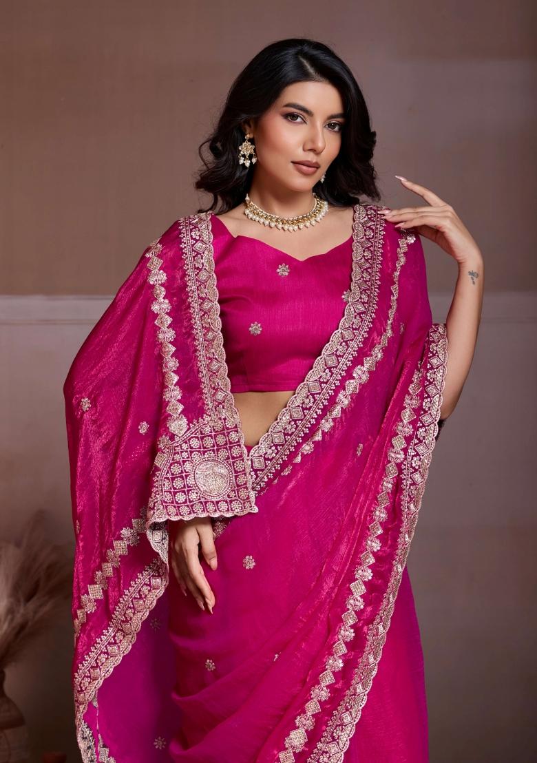 Pink Embroidered Chiffon Saree Set - Indya
