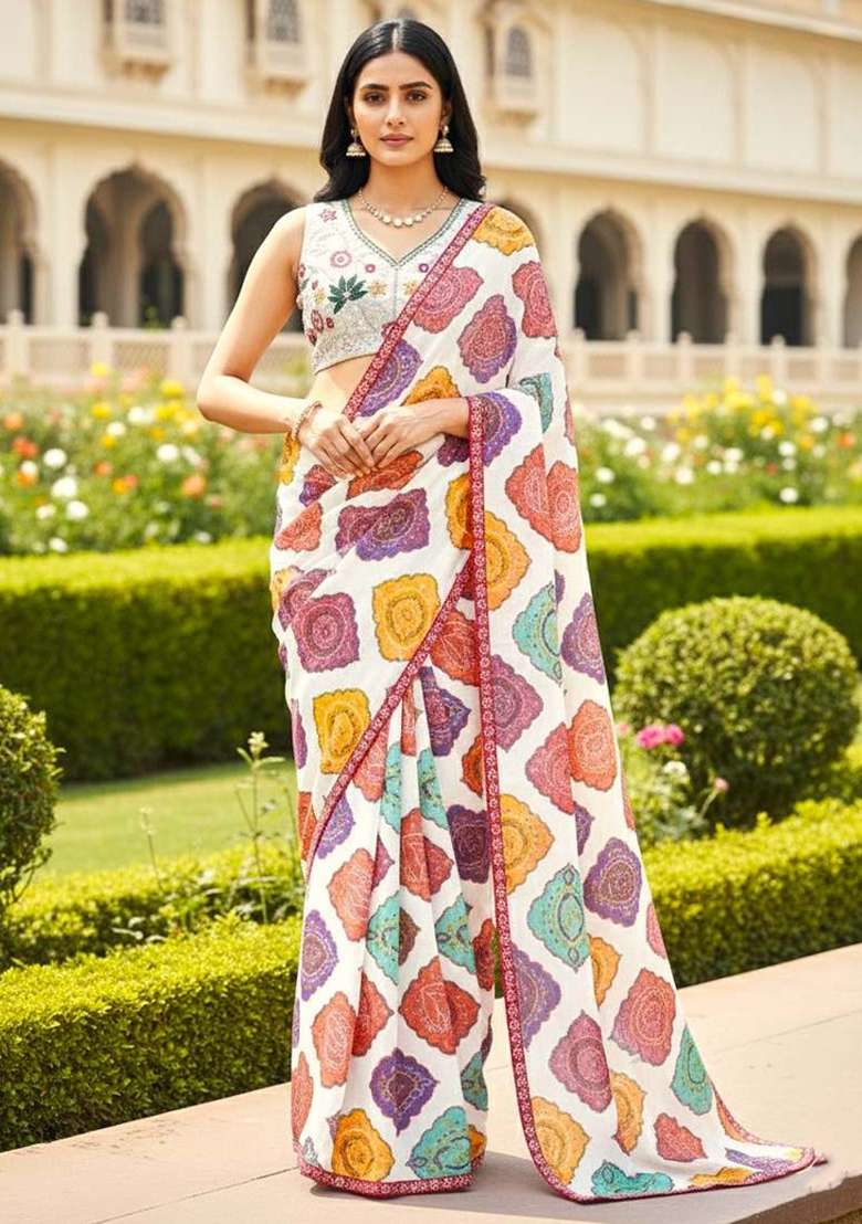 Multicolor Printed Georgette Saree Set for Diwali and Festive Wear - Indya