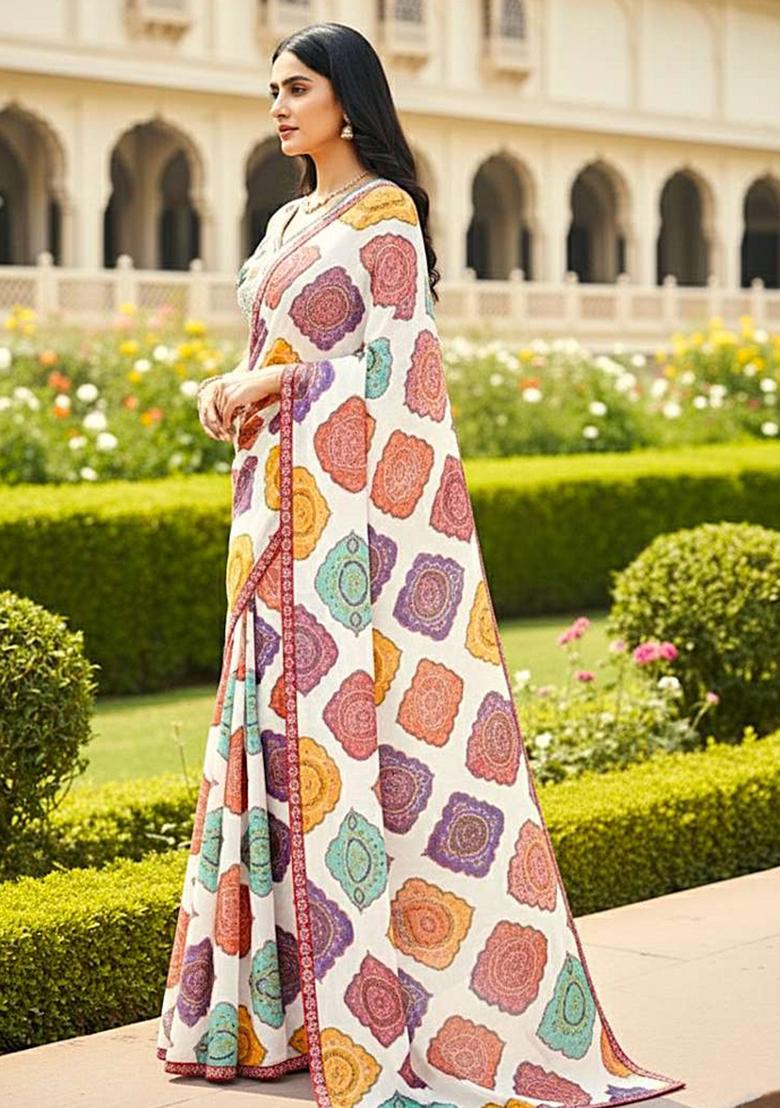 Multicolor Printed Georgette Saree Set - Indya