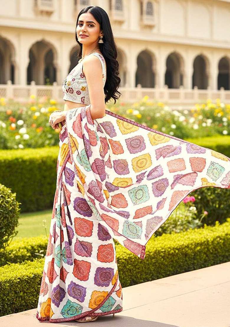 Multicolor Printed Georgette Saree Set for Diwali and Festive Wear - Indya