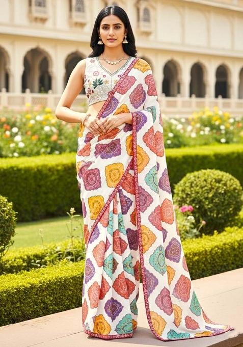 Multicolor Printed Georgette Saree Set