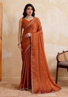 Rust Orange Embroidered Silk Saree Set