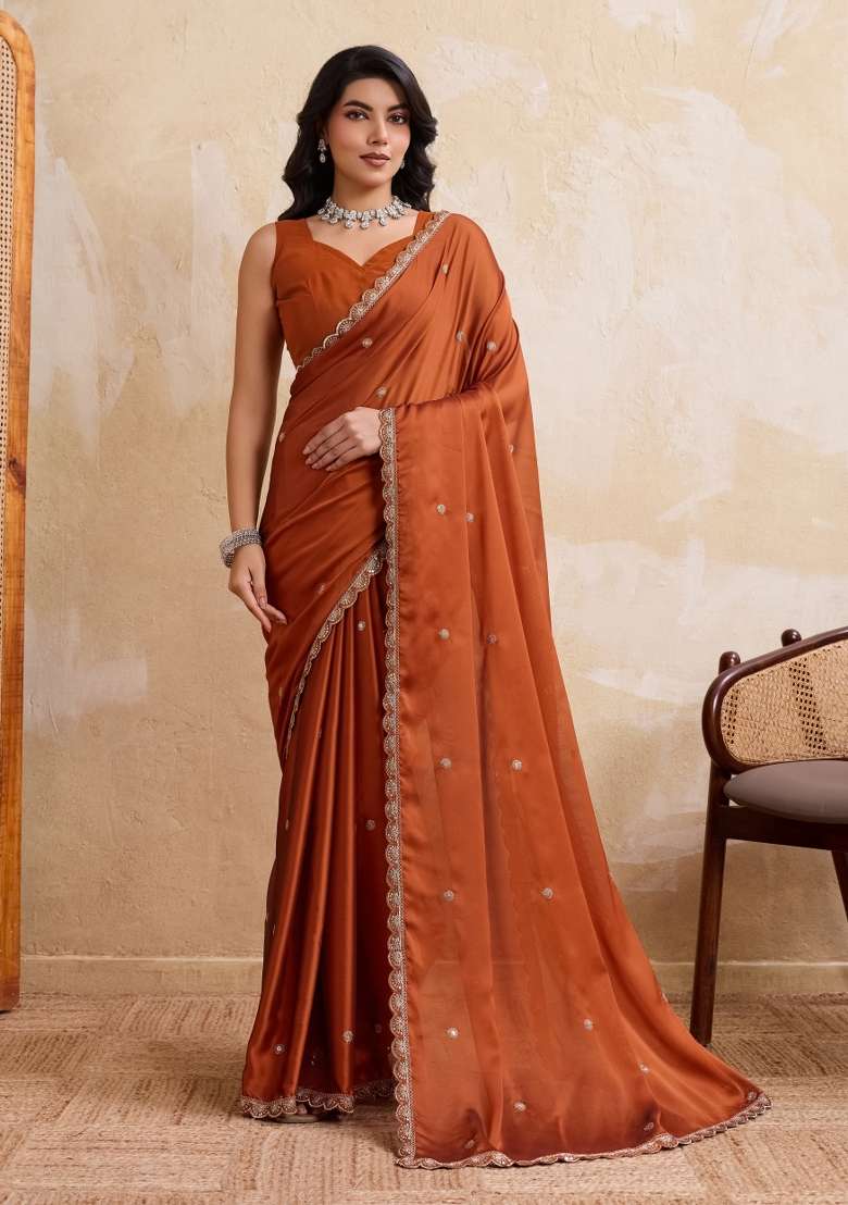 Rust Orange Silk Blend Saree Set with Embroidered for Diwali | Wedding & Festive Wear - Indya