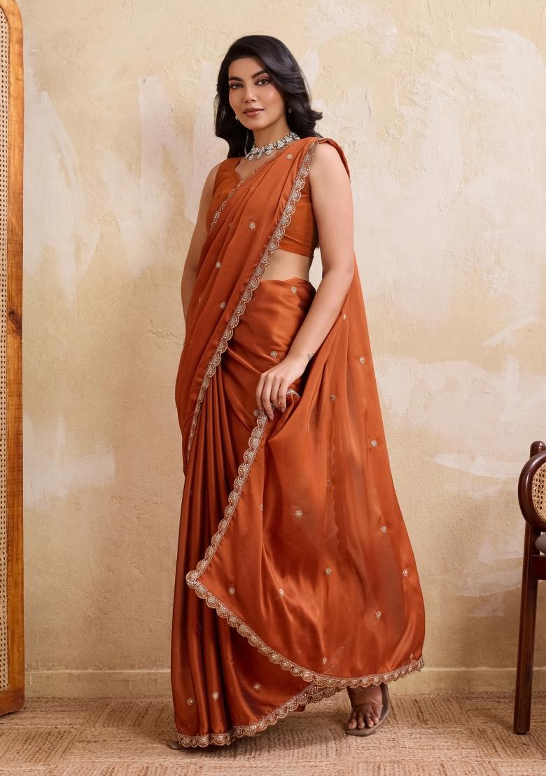 Rust Orange Embroidered Silk Saree Set - Indya